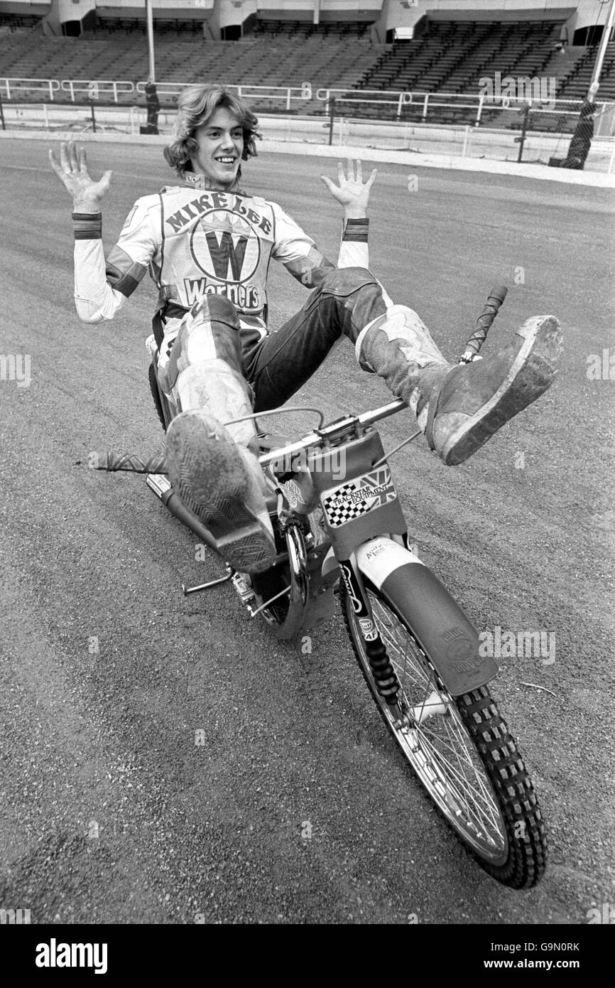 Michael Lee, the 19 year old British Speedway Champion from King's Lynn in  confident mood at Wembley Stadium when he and other competitors were  practising for the World Champion Speedway Championship final