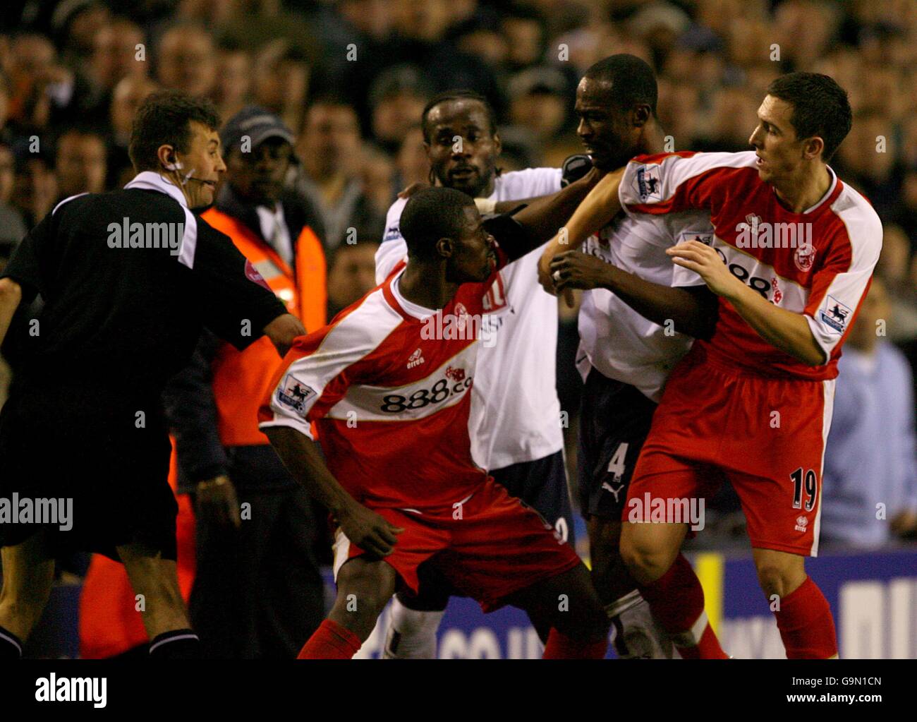 Middlesbrough's George Boateng and Tottenham Hotspur's Didier Zokora confront each other. Both were dissmissed for violent conduct Stock Photo