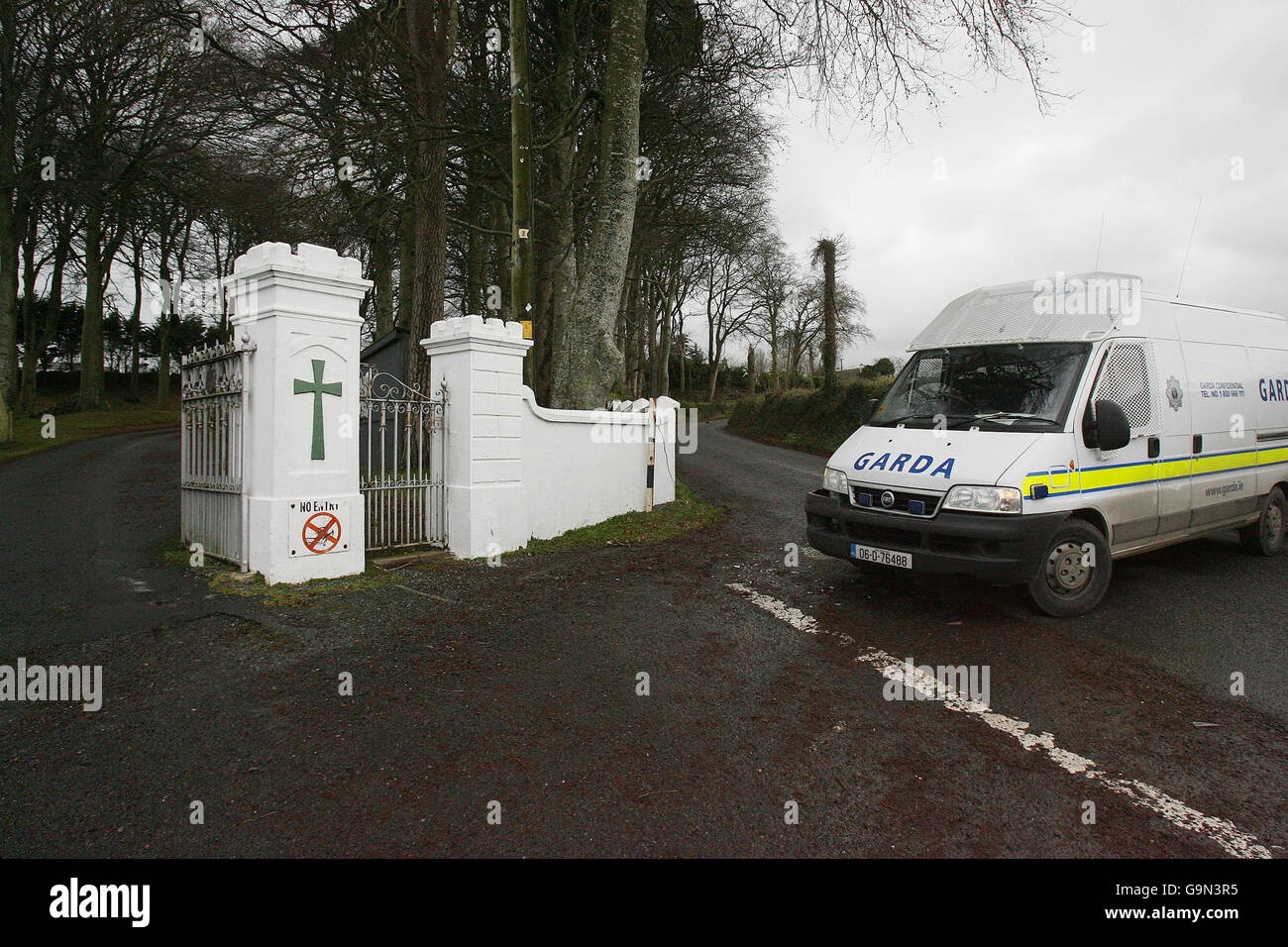 The scene in Dromad, near the border town of Dundalk, Co Louth, after one man died and another was left fighting for his life following a clash with car thieves. Stock Photo