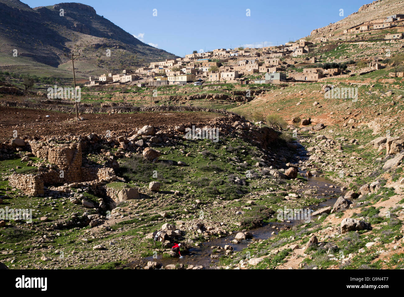 The Old Town, KURDİSTAN. The woman who is carrying water to her village with a donkey. Stock Photo