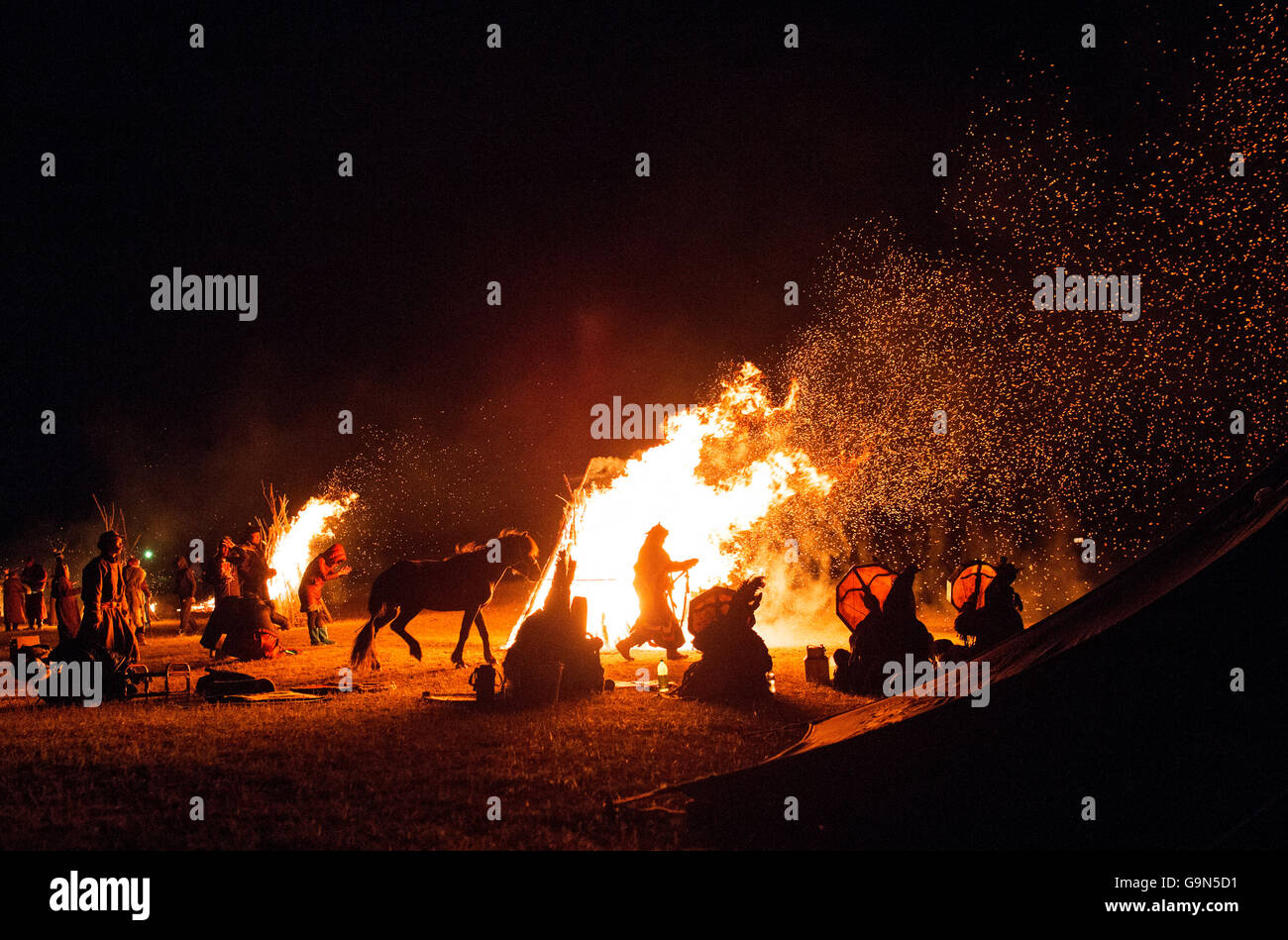 Hovsgol Lake, Mongoli. A night ceremony of shamanism which is includes horse. Stock Photo