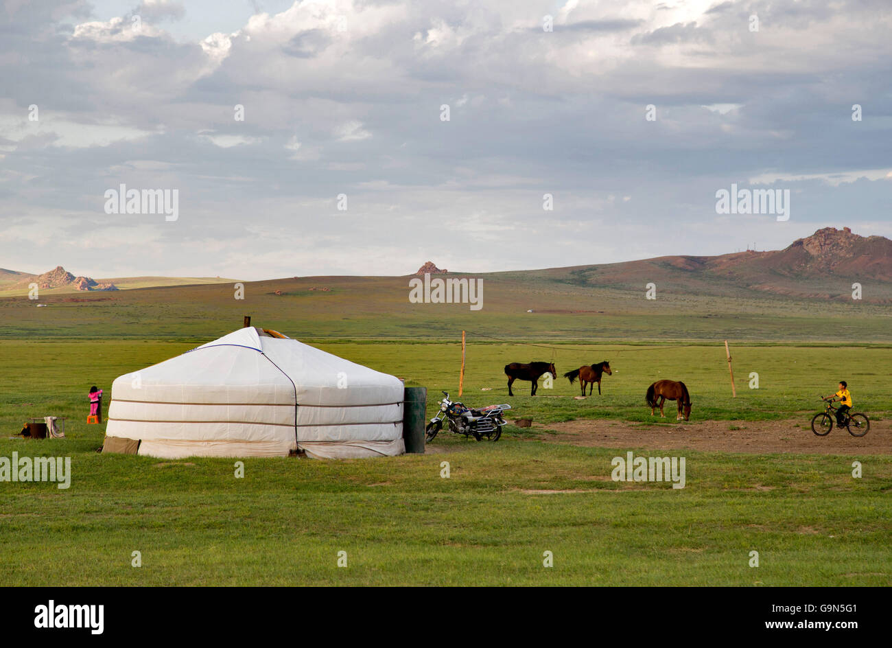 Stunning view of Steppes of Mongolia. Traditional tent and horses. Stock Photo