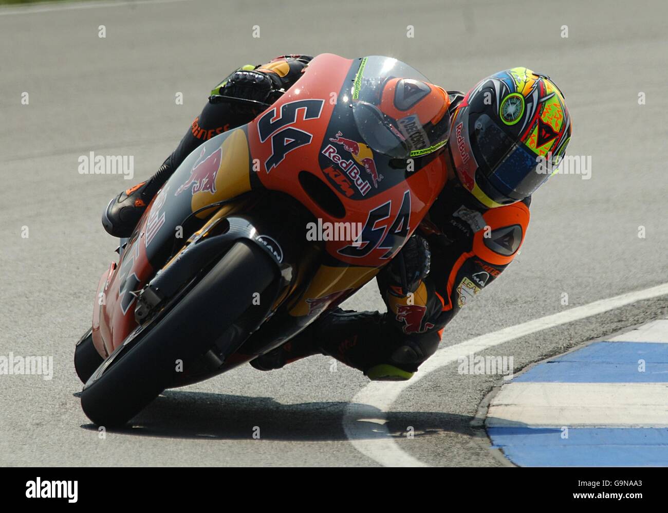 Red Bull KTM team rider Manuel Poggiali of San Marino during the 250cc race Stock Photo