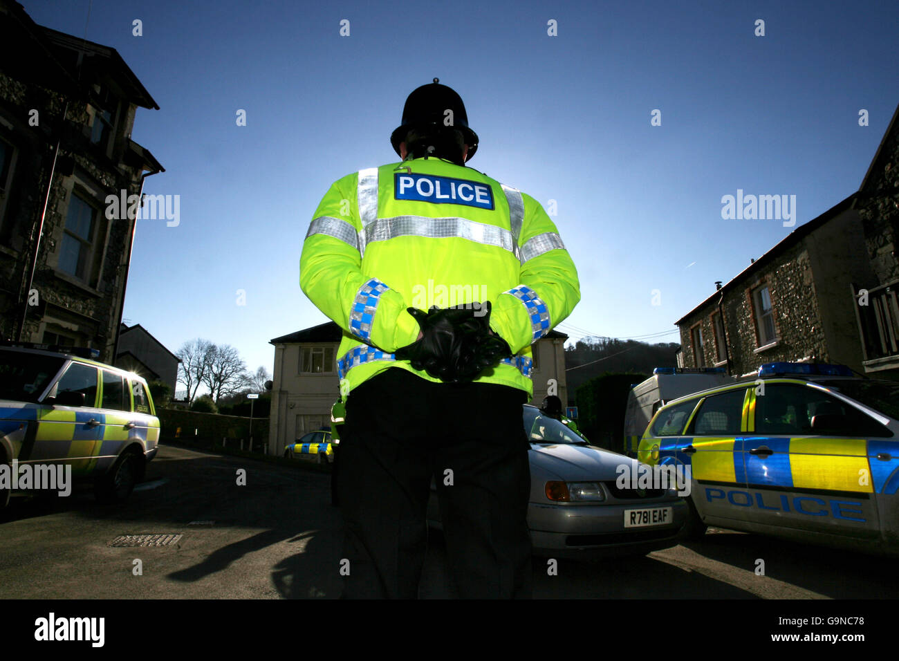 Police officers block road leading branscombe beach in devon hi-res stock  photography and images - Alamy