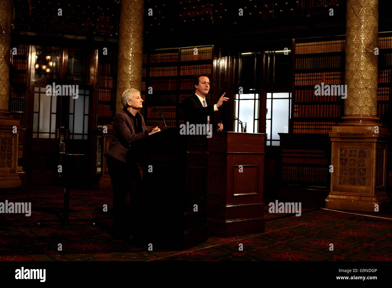 Conservative leader David Cameron and Dame Pauline NevilleJones speak
