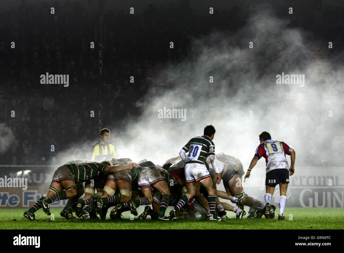 Leicester and Bristol packs create a head of steam during the Guinness Premiership match at Welford Road, Leicester. Stock Photo