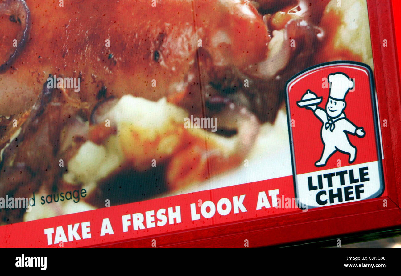 View of the logo for roadside restaurant Little Chef, at their branch