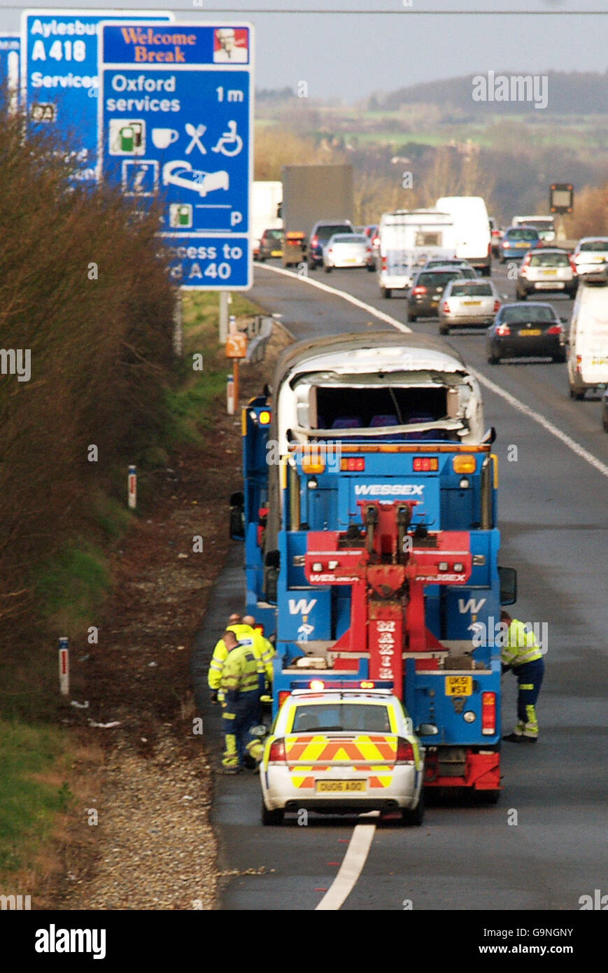 The National Express Coach pictured on the M40, that was involved in an accident on the slip road leading from junction 4B of the M4 east bound to the M25 junction 15 clockwise which resulted in the death of two people. Stock Photo