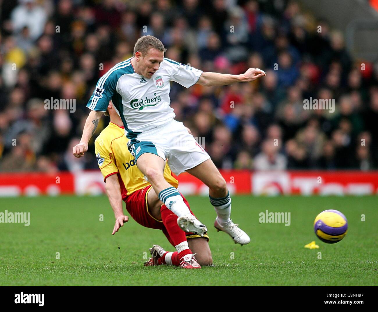 Soccer - FA Barclays Premiership - Watford v Liverpool - Vicarage Road. Liverpool's Craig Bellamy is challenged from behind Stock Photo