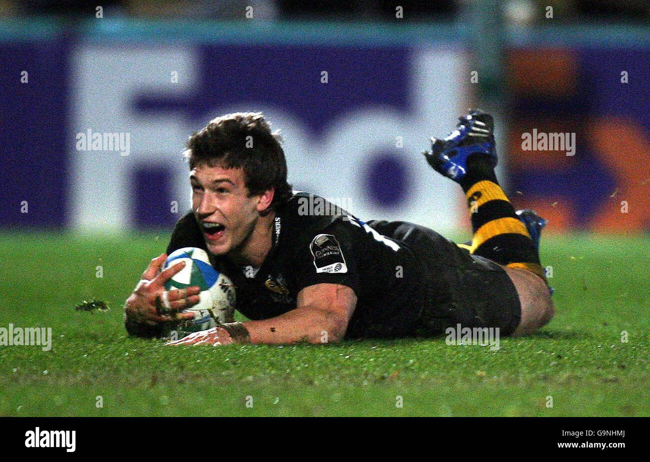 Dominic Waldouck slides in Wasps opening try during the Heineken Cup Pool One match at Causeway Stadium, Wycombe. Stock Photo