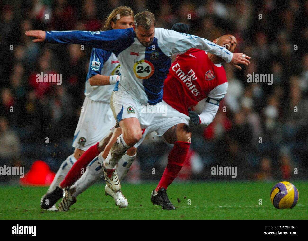 Blackburn Rovers' Stephane Henchoz (left from center) and Arsenal's ...