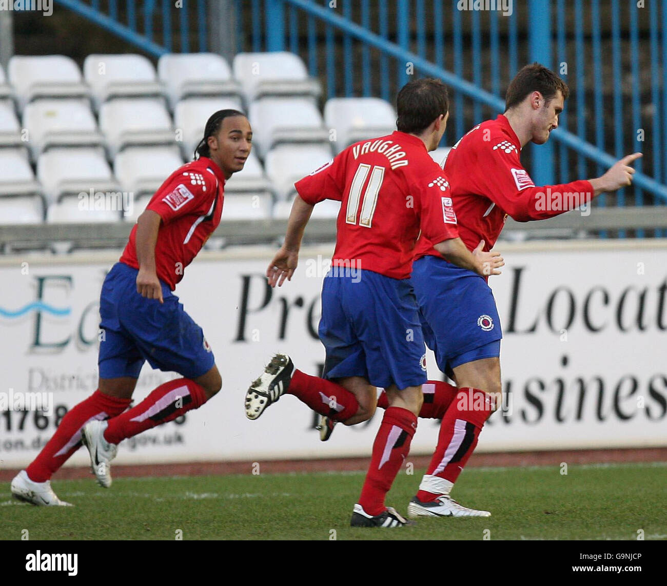 Crewe Alexandra's Julien Baudet (right) celebrates with team-mates after scoring against Carlisle during the Coca-Cola Football League One match at Brunton Park, Carlisle. Stock Photo