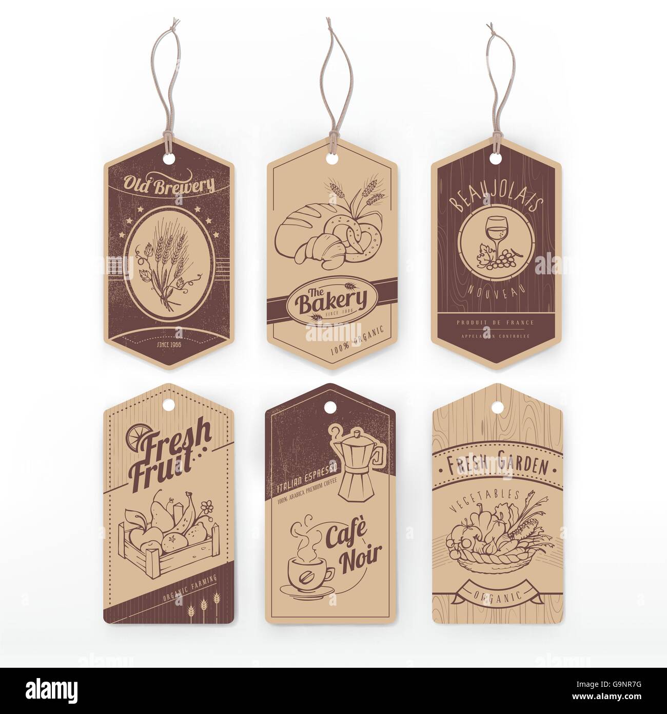 Vintage labels with stripe with assorted hand drawn food items. Stock Vector