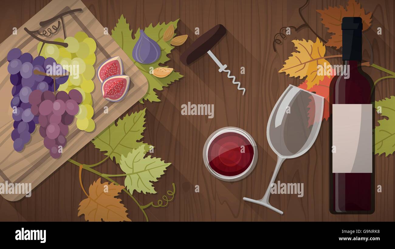Wine tasting banner with bottle, red wine glass, corkscrew and grapes on a wooden cutting board, top view Stock Vector