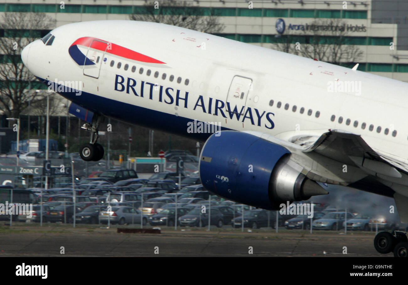 Generic transport pics. A British Airways Boeing 777 takes off from London's Heathrow airport. Stock Photo