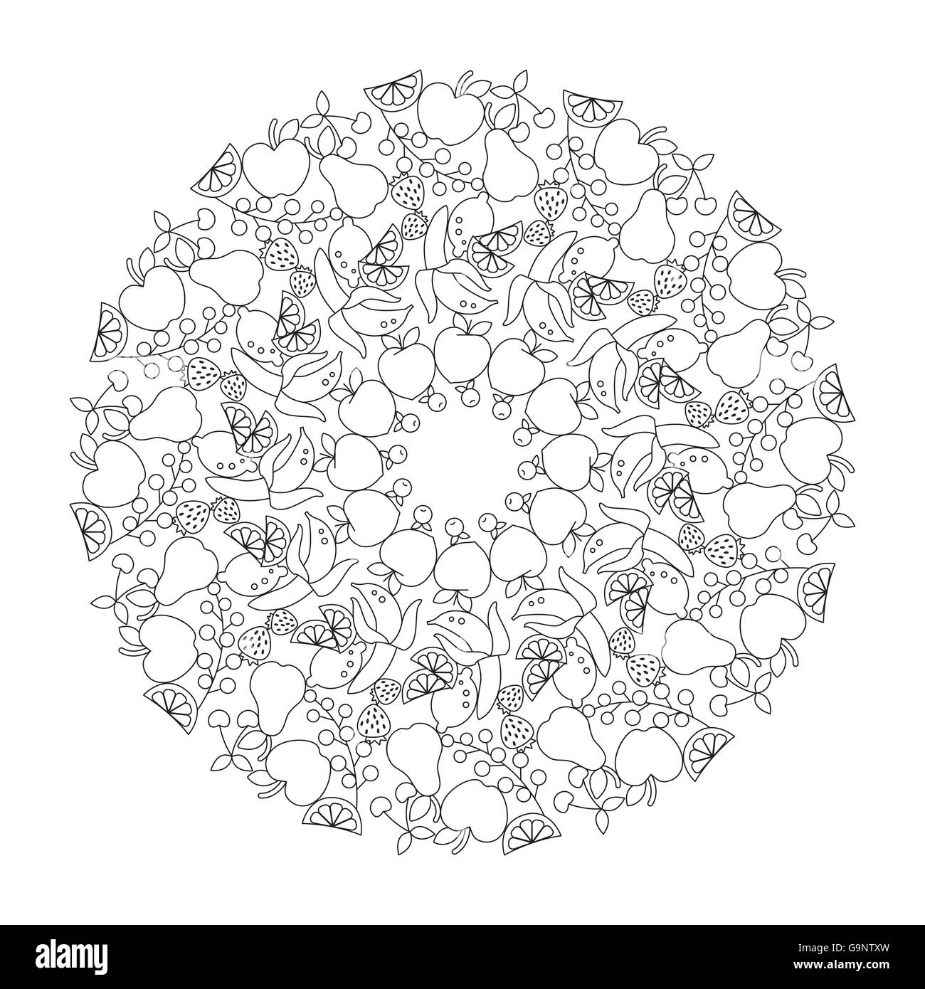 Fruit and healthy eating mandala with apples, bananas, berries, lemons and peaches, adult coloring Stock Vector