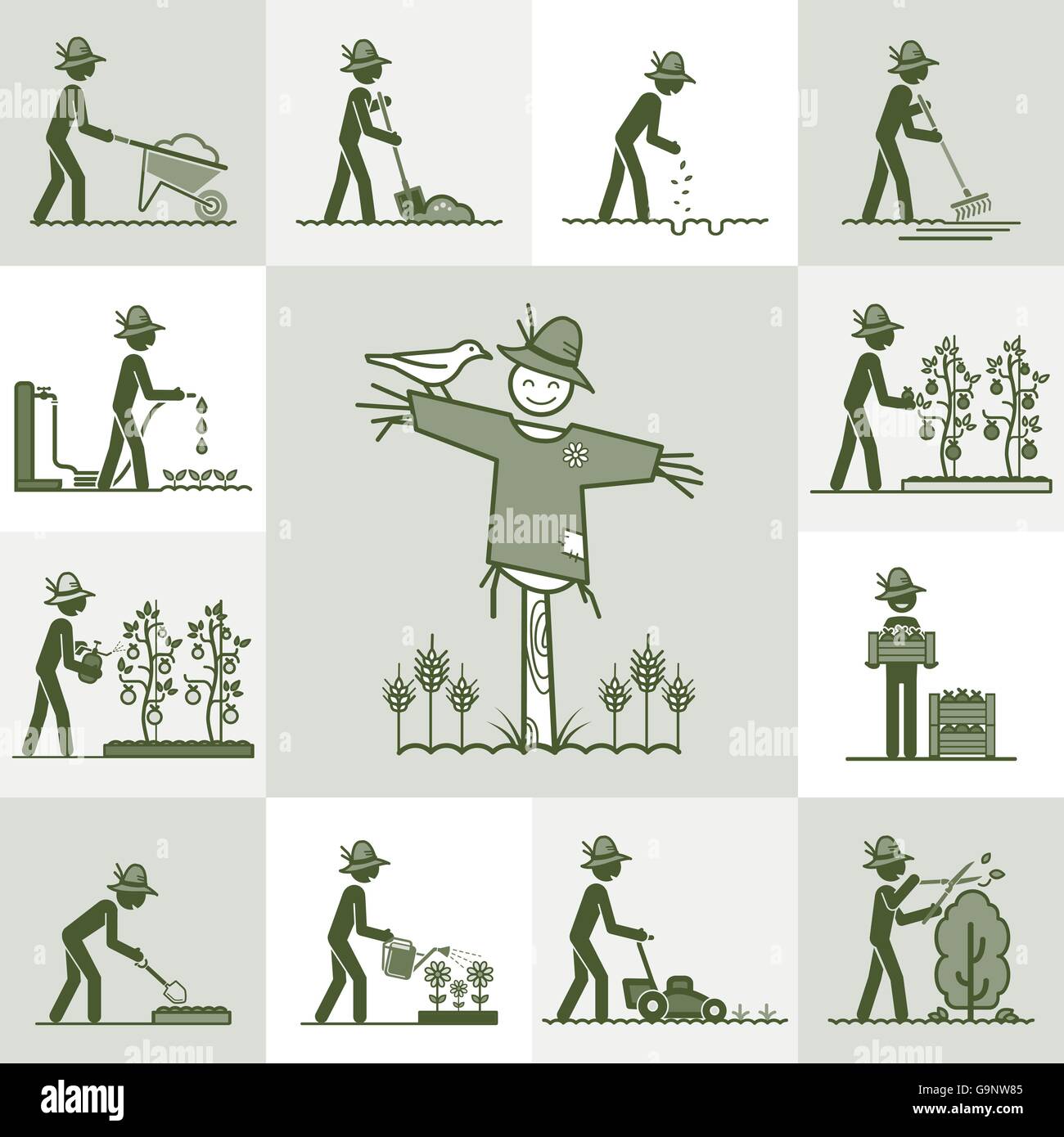 Gardening and landscaping illustration with stick figures and scarecrow Stock Vector