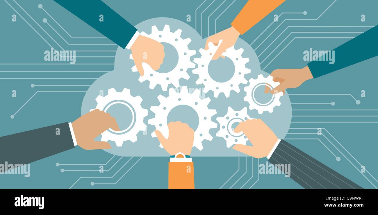 Business people joining gears in a cloud, web and cloud computing concept Stock Vector