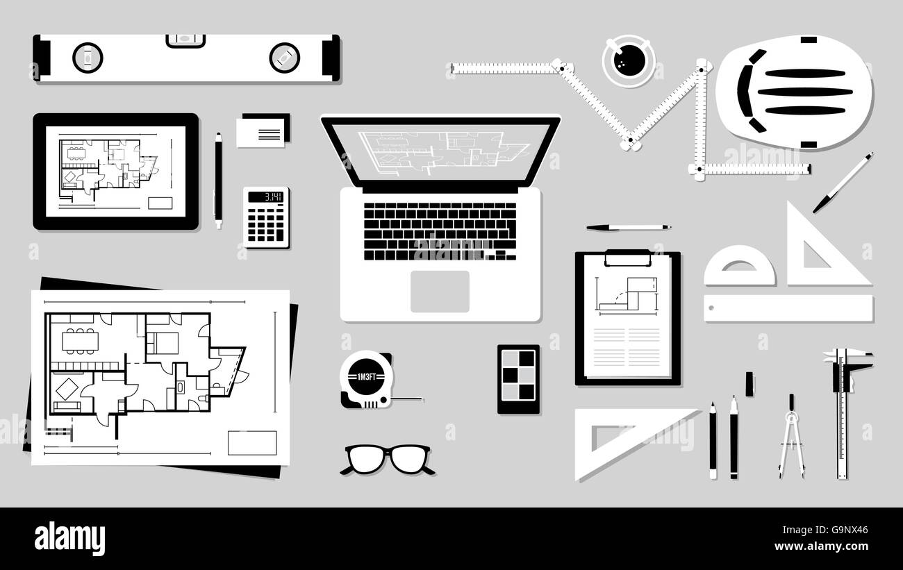 Contruction engineer desktop with work tools, tablet and laptop Stock Vector