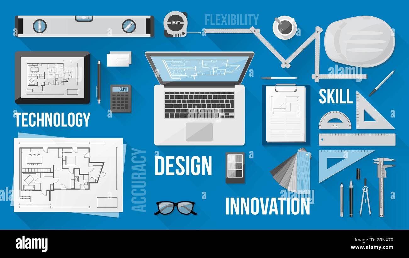 Contruction engineer desktop with work tools, tablet and laptop Stock