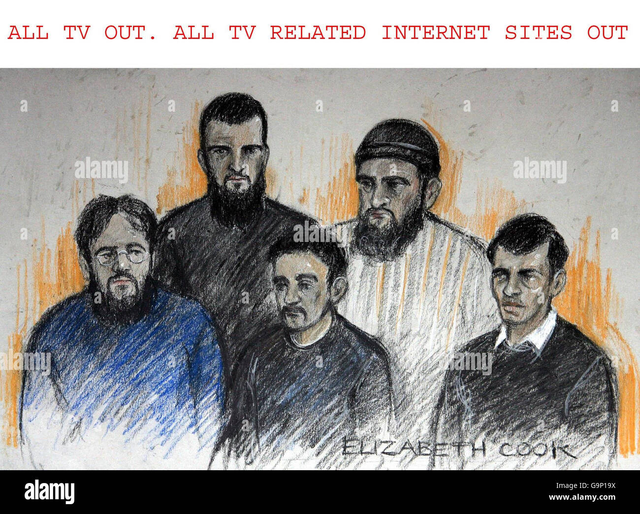 Court illustration by Elizabeth Cook showing (left to right) Mohammed Irfan, Parviz Khan, Amjad Mahmood, Hamid Elasmar and Zahoor Iqbal at Westminster Magistrates Court charged with terror offences. Stock Photo