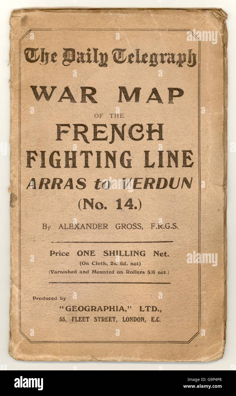 (WWi) World War 1 War Map of the French Fighting Line - Arras to Verdun. The Western Front. Published by the Daily Telegraph. circa. 1916 Stock Photo