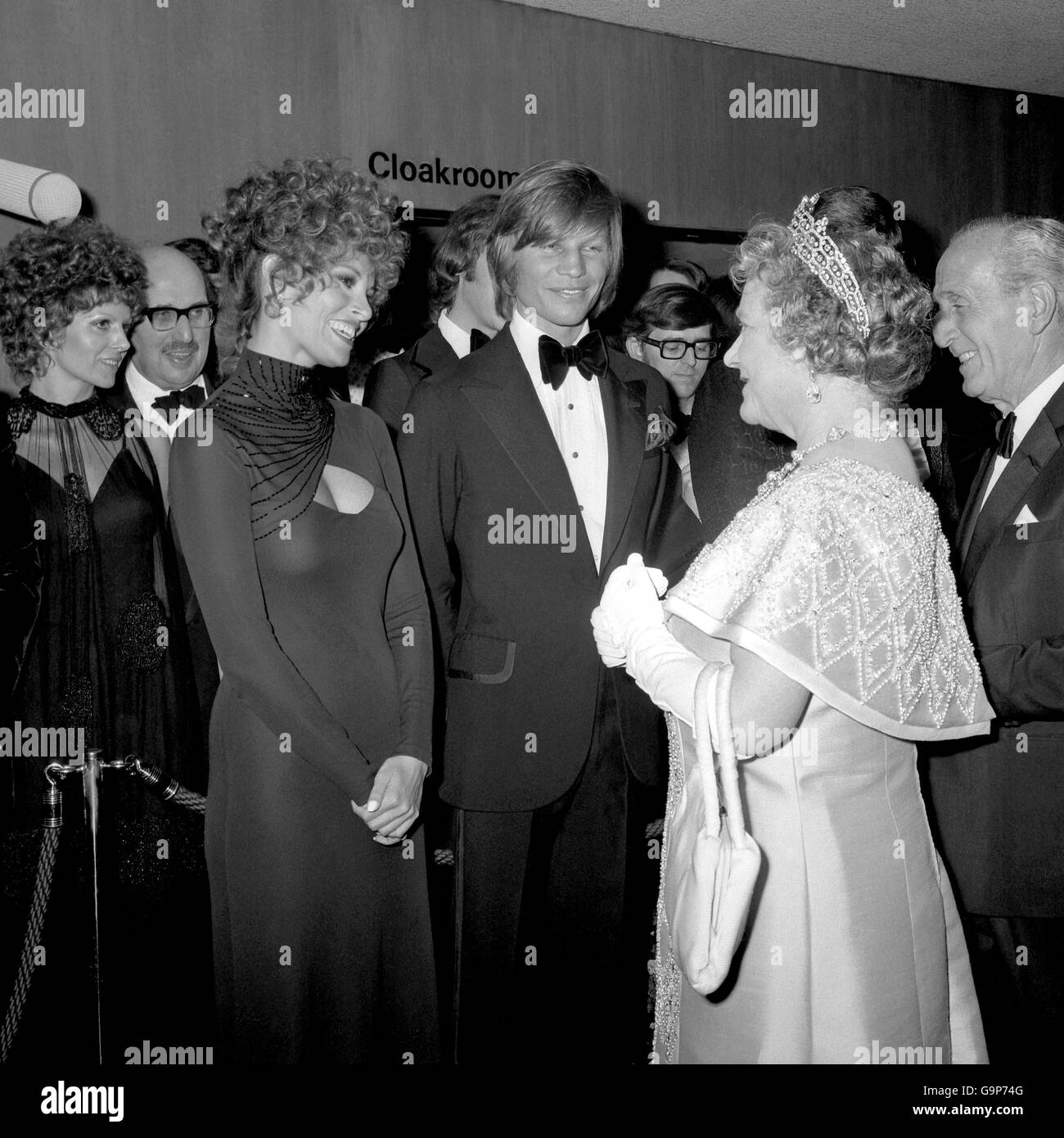 The Queen Mother talking to Raquel Welch, one of the stars of The Three Musketeers before the showing of the film at the Royal Film Performance at the Odeon Theatre, Leicester Square Stock Photo