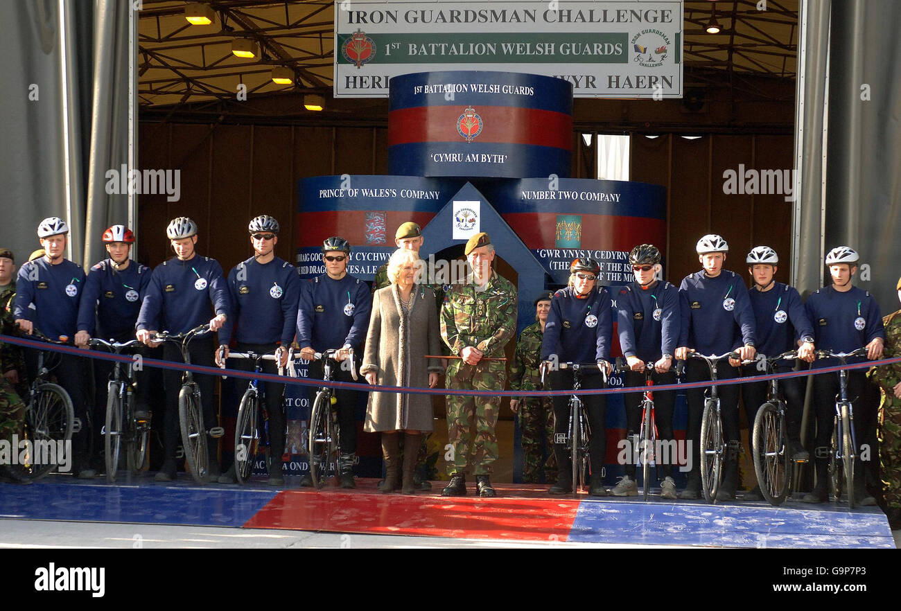 The Prince of Wales (centre) and Duchess of Cornwall with members of the Iron Guardsmen team at Banja Luka Metal Factory in Bosnia. Stock Photo