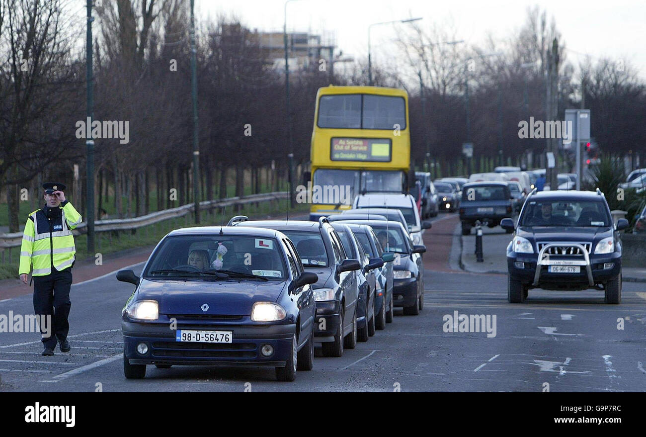 Luas tram collision. Traffic congestion at the scene of a crash between a Luas tram and a Lorry on Suir Road, Dublin. Stock Photo