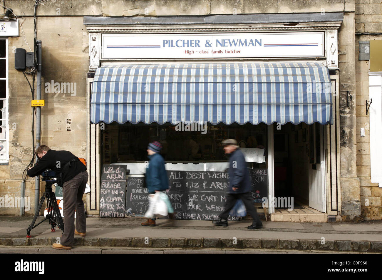Signs outside butcher's shop Pilcher & Newman in Winchcombe, Gloucestershire, on the day after Liz Hurley, 41, wed 42-year-old Indian businessman Arun Nayar in nearby Sudeley Castle. Stock Photo