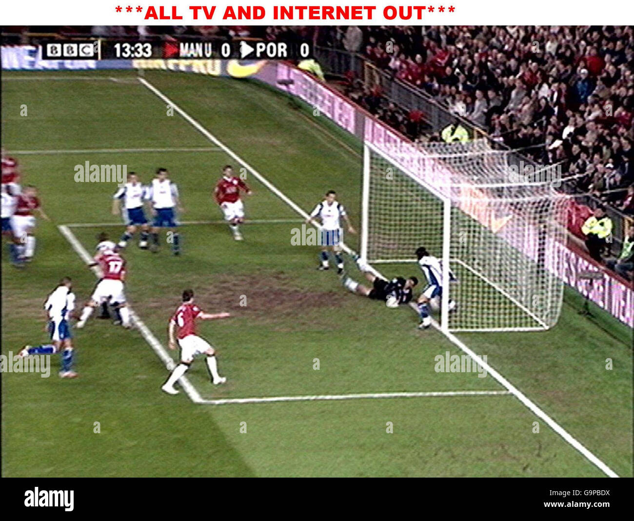 We are advised that video-grabs should not be used by daily papers later than 48 hours after the broadcast of the programme, without consent of the copyright holder. ALL TV AND INTERNET OUT. Video grab from the BBC showing the ball crossing the line following a header from Manchester United's Nemanja Vidic during the FA Cup fourth round match against Portsmouth at Old Trafford, Manchester. Stock Photo