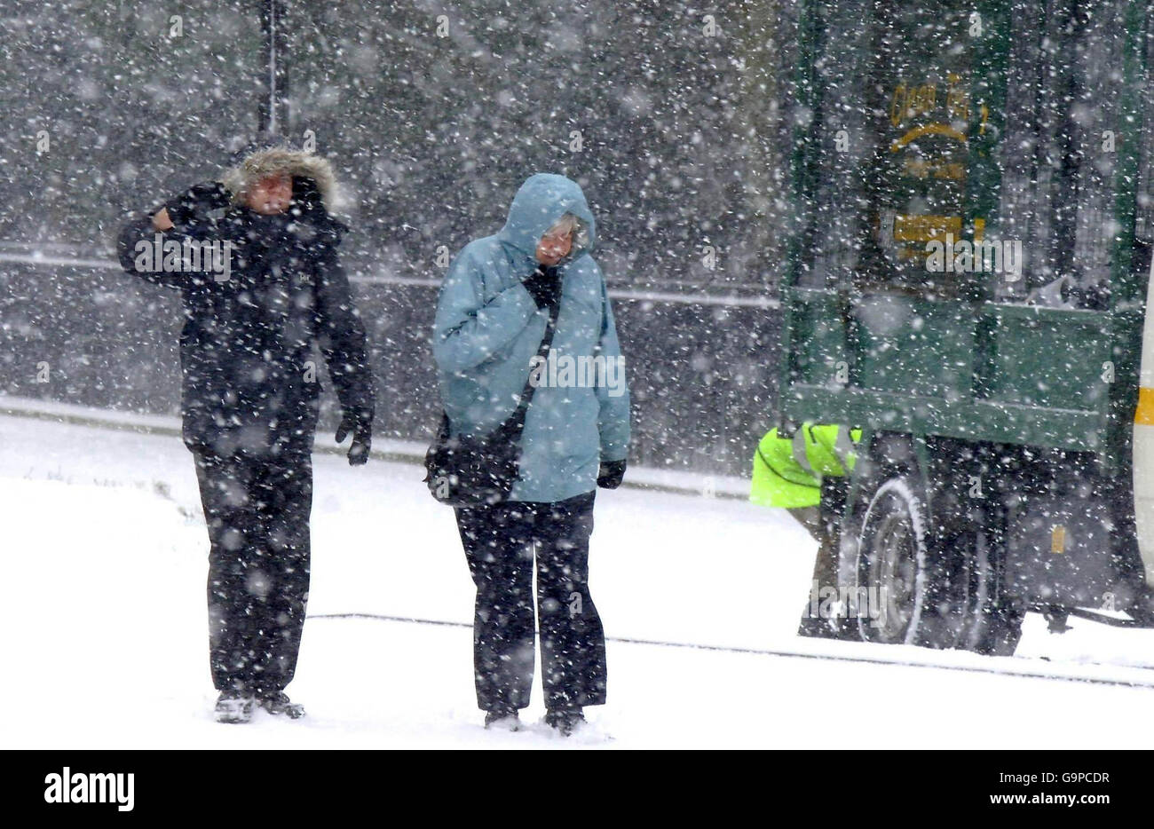Blizzard conditions hit Buxton in the Peak District today as snowfalls cause havoc in many parts of the UK. Stock Photo