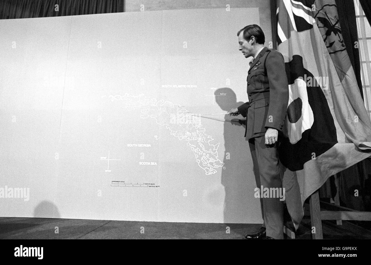 Defence Ministry Lt. Col Tim Donkin giving his account of the counter-invasion during today's press conference in London. He stressed that resistance had ended on South Georgia. Stock Photo