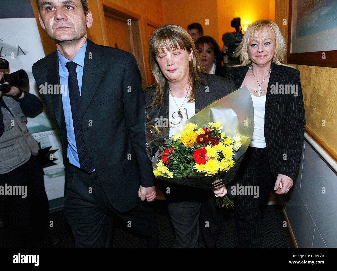 Cynthia Owen leaves Dublin County Coroner's Court at the Plaza Hotel, Dublin, with her partner Simon Owen, following an inquest into the death of a baby girl found dumped in a plastic bag in 1973 with 40 stab wounds. Stock Photo