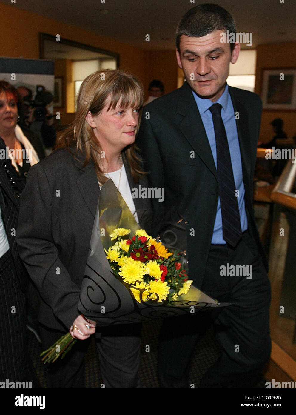 Cynthia Owen leaves Dublin County Coroner's Court at the Plaza Hotel, Dublin, with her partner Simon Owen, following an inquest into the death of a baby girl found dumped in a plastic bag in 1973 with 40 stab wounds. Stock Photo