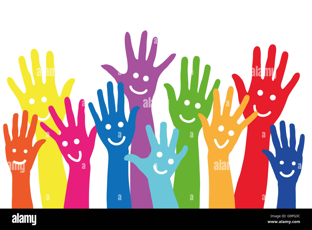 Background with many different colorful hands with smileys on it Stock Photo