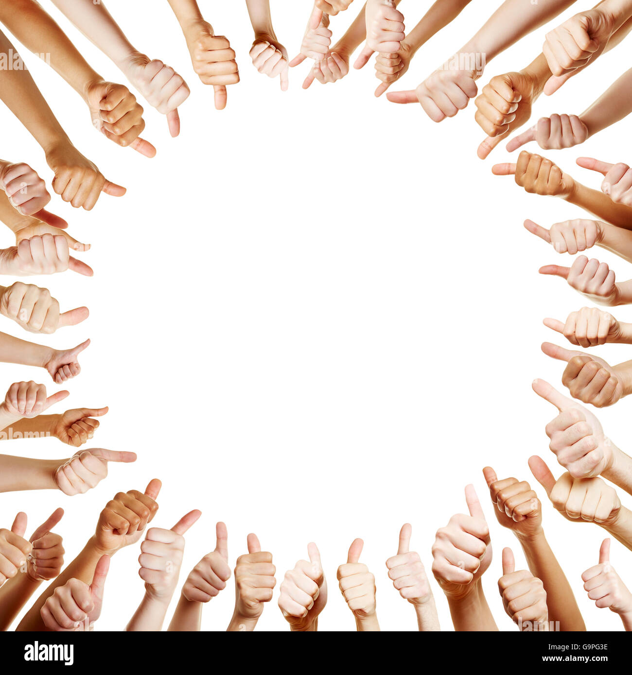 Many hands holding thumbs up as a circle background Stock Photo
