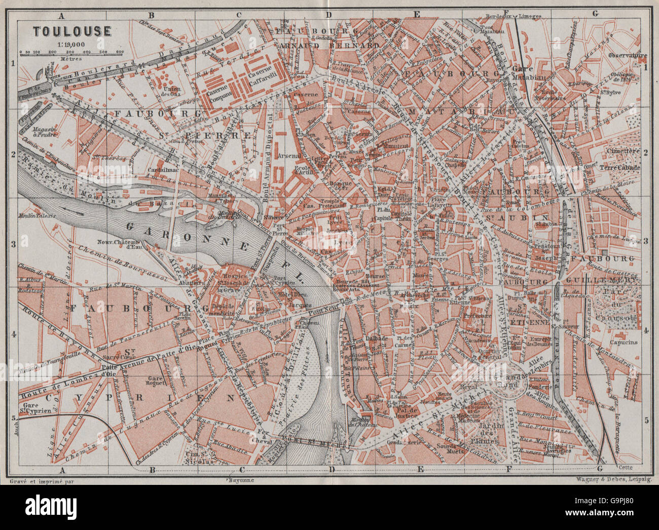 TOULOUSE antique town city plan de la ville. Haute-Garonne carte, 1907 ...