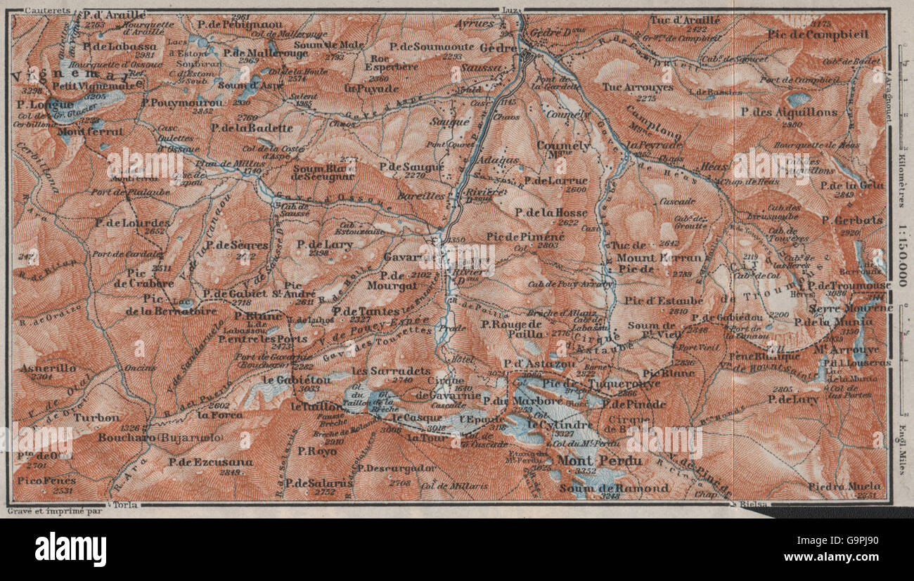 CIRQUE DE GAVARNIE & MONT PERDU topo-map Monte Perdido Hautes-Pyrénées, 1907 Stock Photo