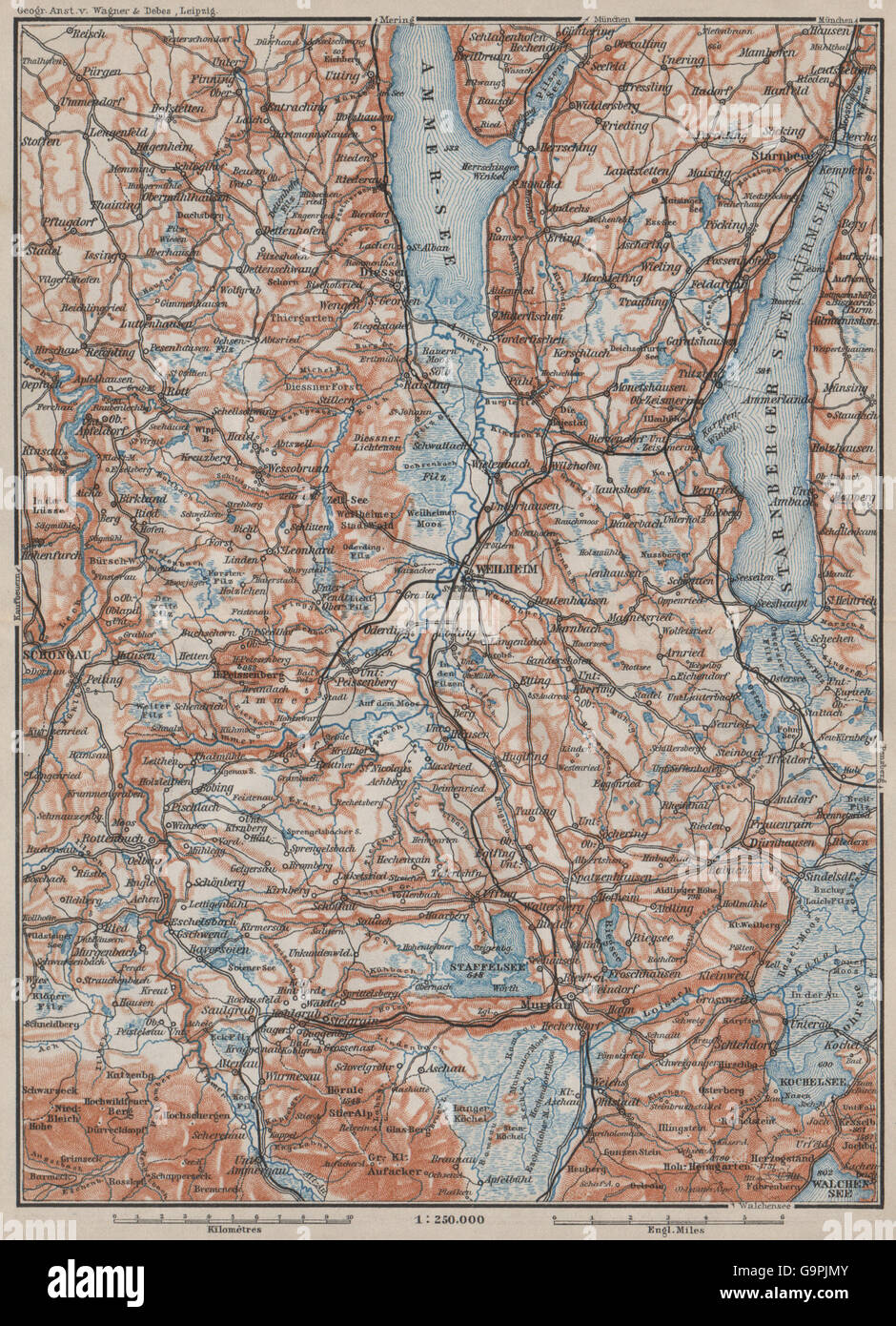 STARNBERGERSEE & AMMERSEE. Weilheim Schongau Murnau Starnberg karte, 1902 map Stock Photo