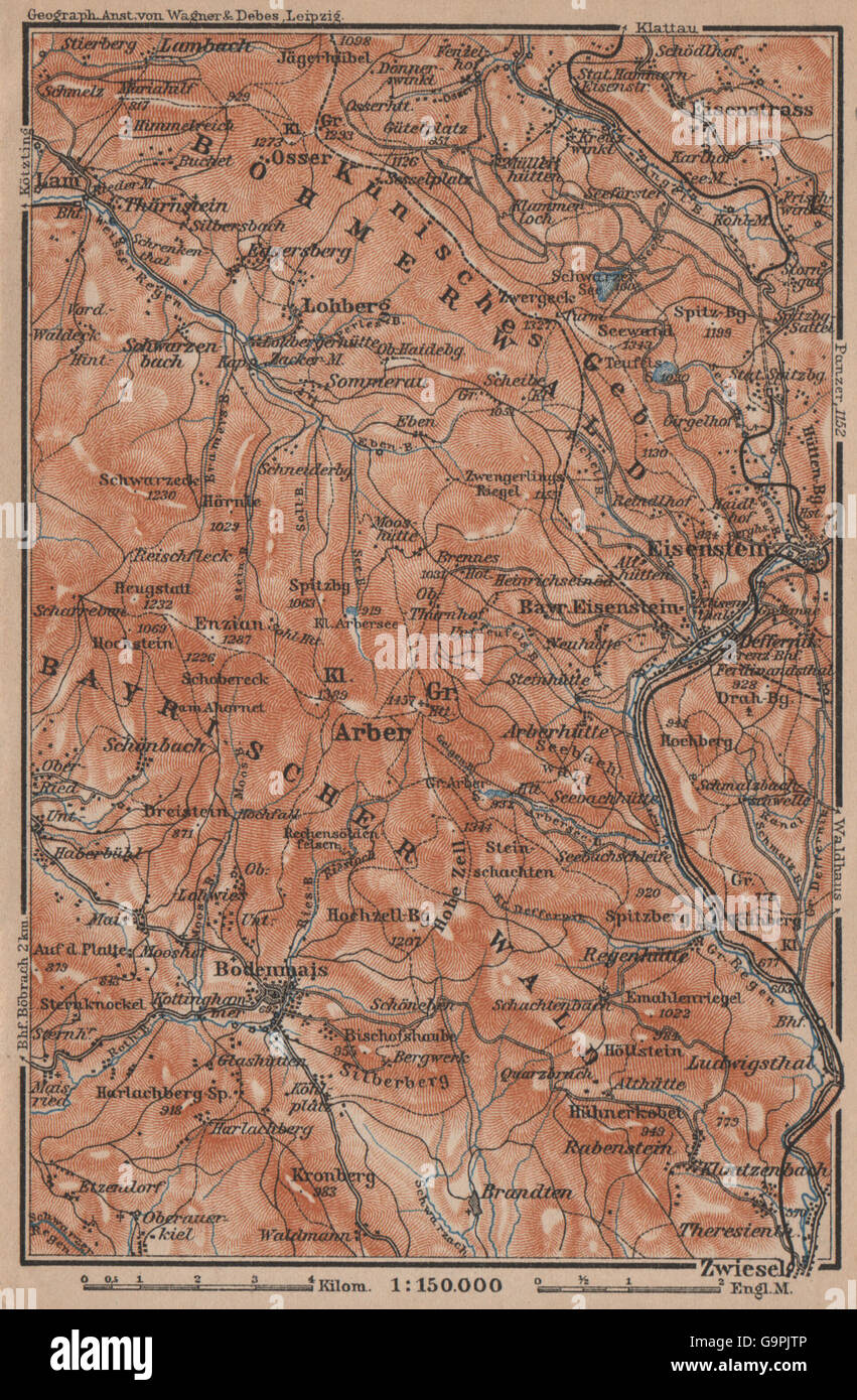 BAVARIAN/BOHEMIAN FOREST Bayrischer/Böhmerwald. Bodenmais Zelezna Ruda, 1907 map Stock Photo