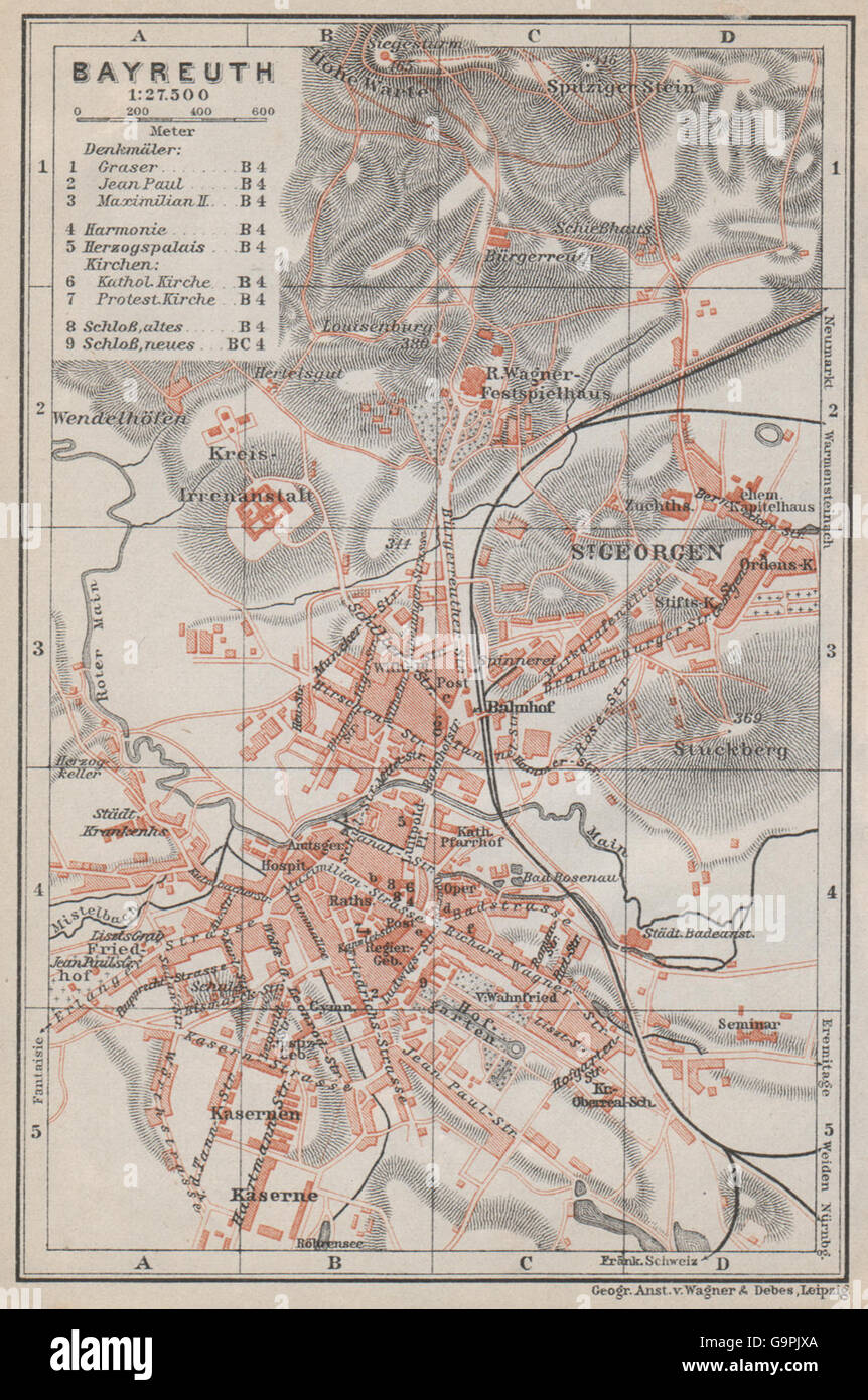 BAYREUTH antique town city stadtplan. Bavaria. St Georgen karte, 1910