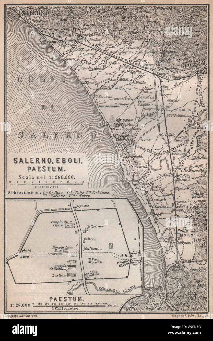 PAESTUM plan. Golfo di Salerno. Battipaglia. Italy mappa. BAEDEKER, 1896 Stock Photo