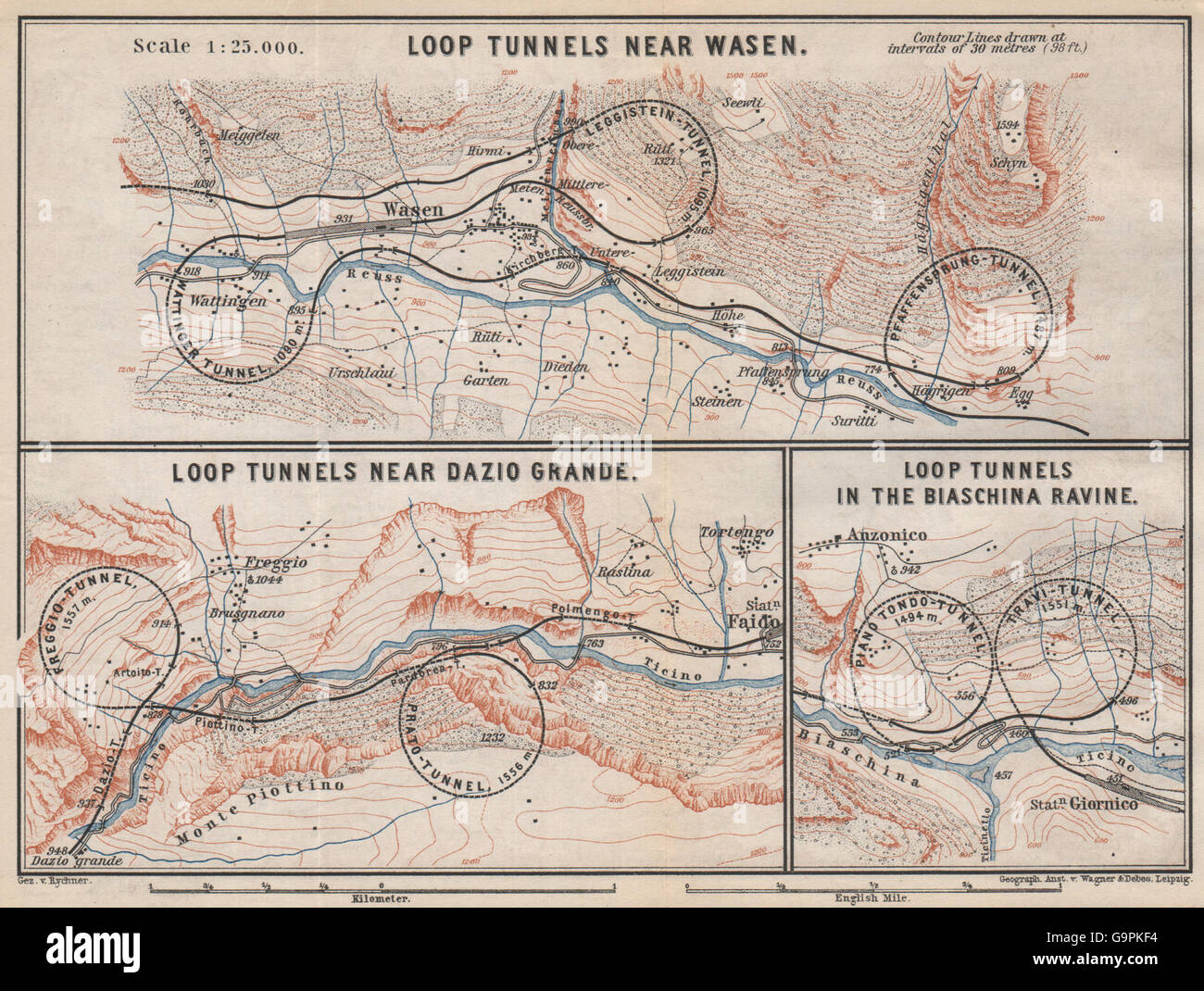 ST GOTTHARD RAILWAY SPIRAL/LOOP TUNNELS Wassen Freggio Prato Biaschina, 1889 map Stock Photo