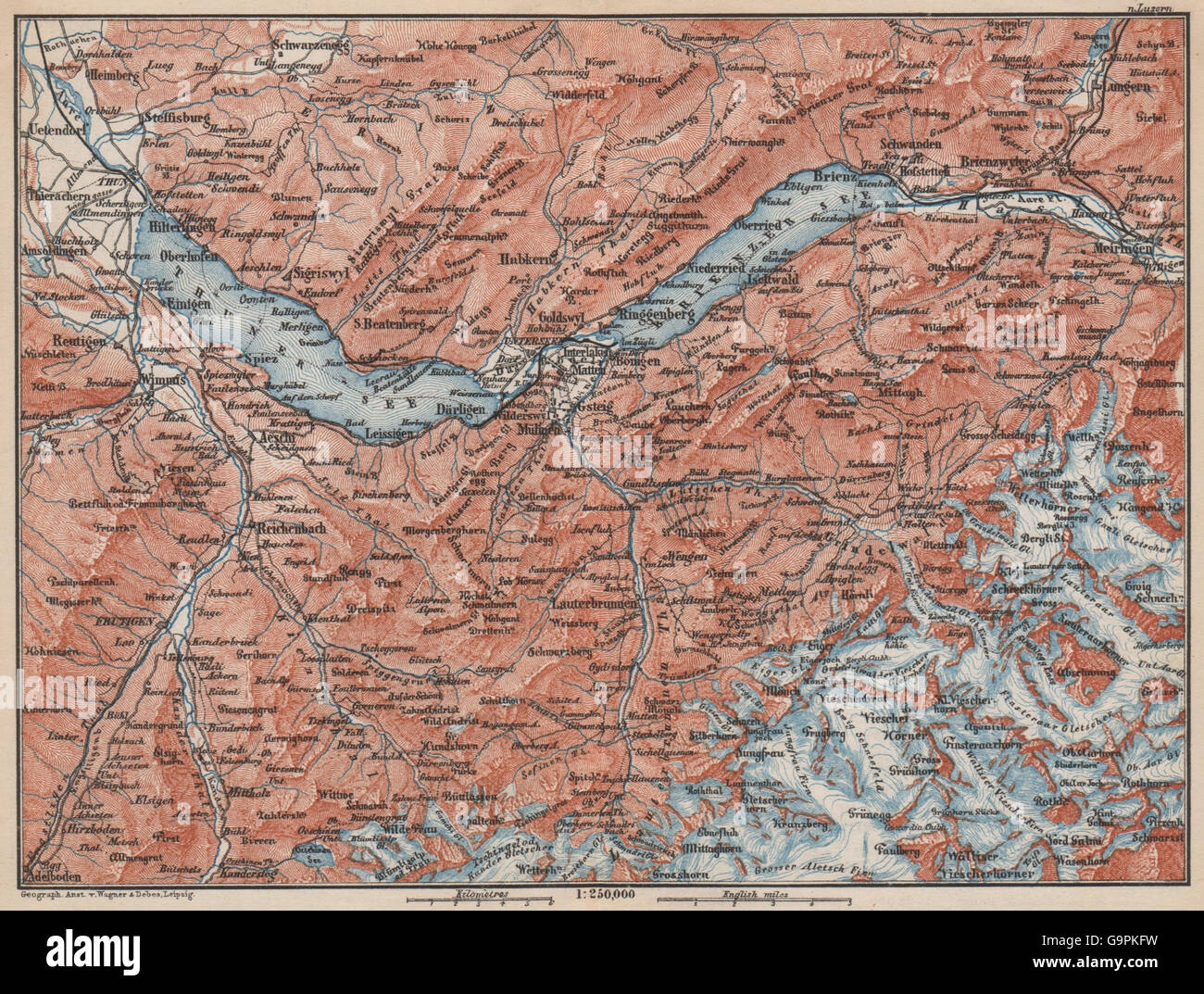 BERNESE OBERLAND. Wengen Mürren Grundelwald Reutigen Interlaken Eiger, 1889 map Stock Photo