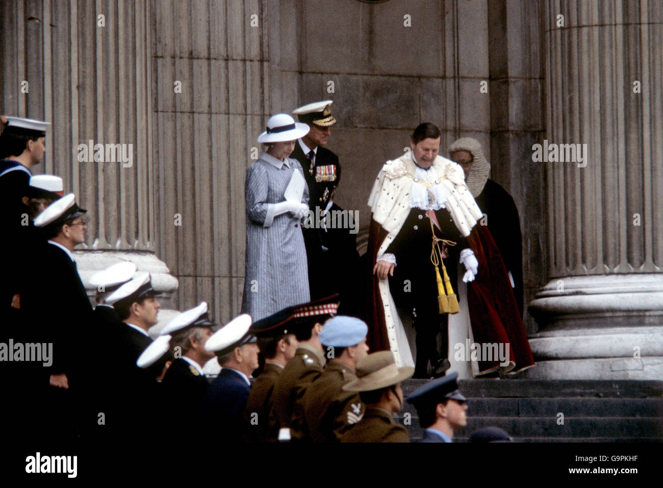 Queen Elizabeth II and the Duke of Edinburgh with the Lord Major of London, Sir Christopher Leaver leaving St Paul's Cathedral after the memorial service for the Falklands conflict Stock Photo