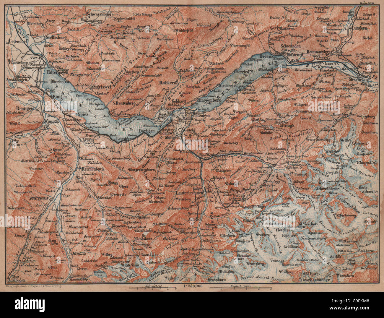 BERNESE OBERLAND. Wengen Mürren Grundelwald Reutigen Interlaken Eiger, 1893 map Stock Photo