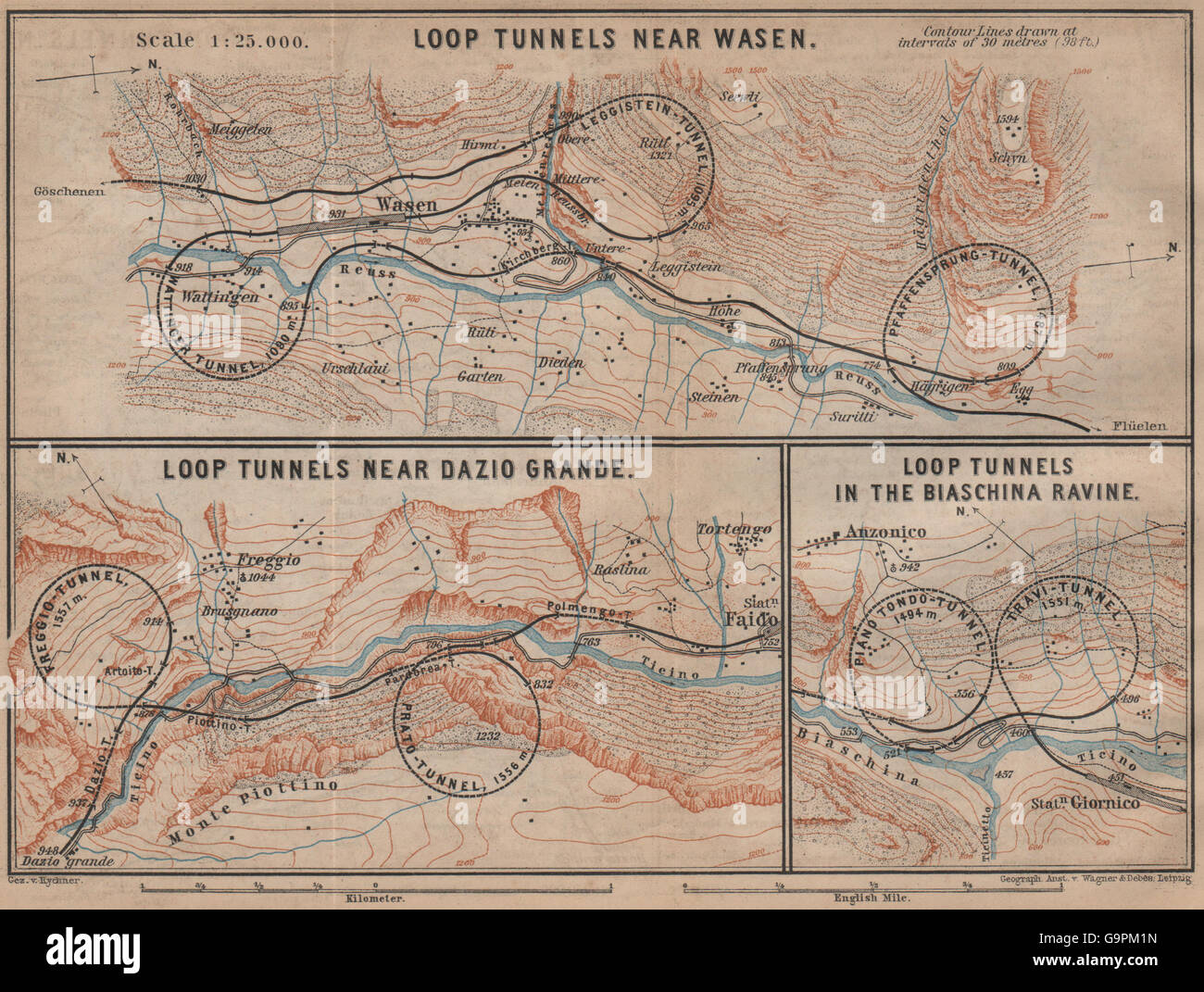 ST GOTTHARD RAILWAY SPIRAL/LOOP TUNNELS Wassen Freggio Prato Biaschina, 1899 map Stock Photo