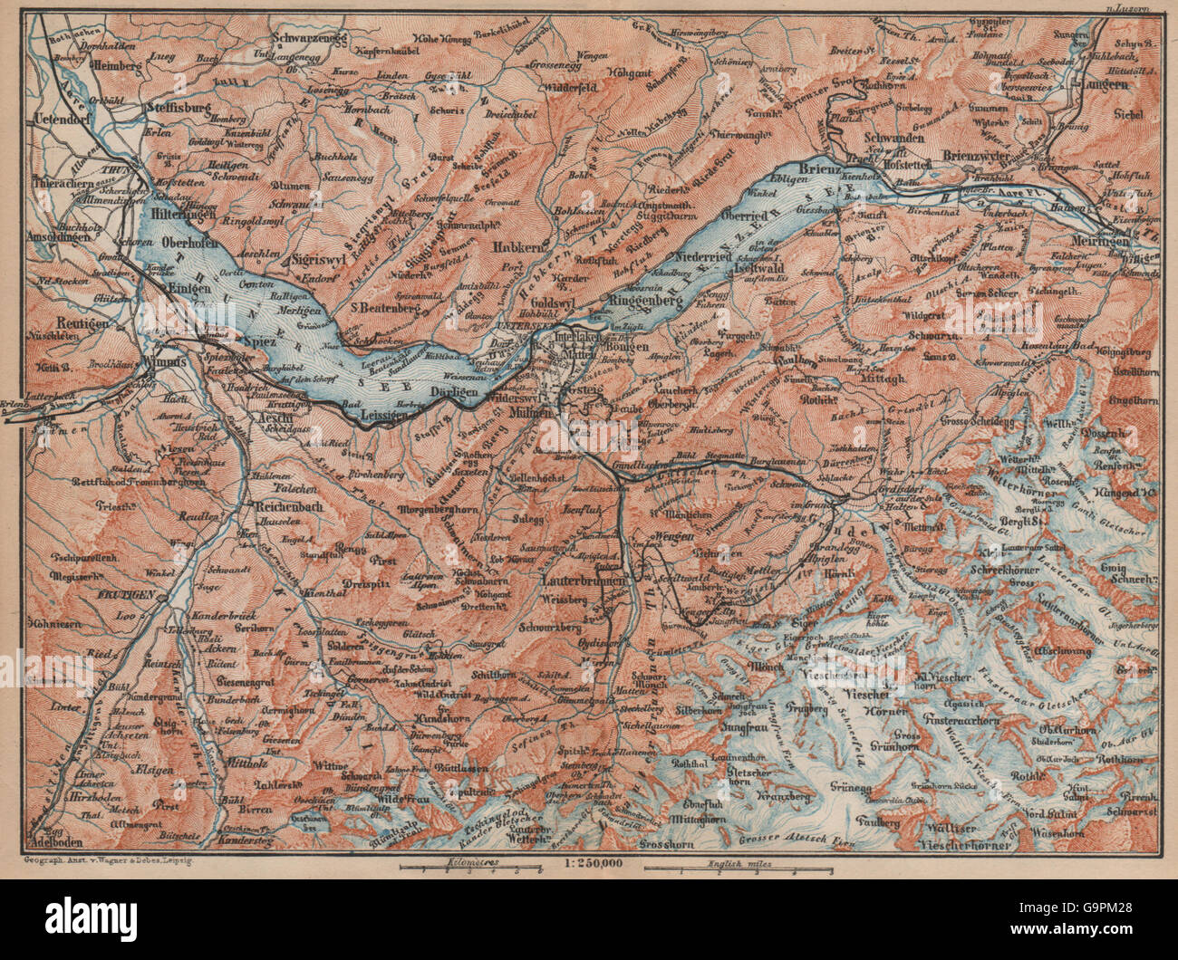 BERNESE OBERLAND. Wengen Mürren Grundelwald Reutigen Interlaken Eiger, 1899 map Stock Photo