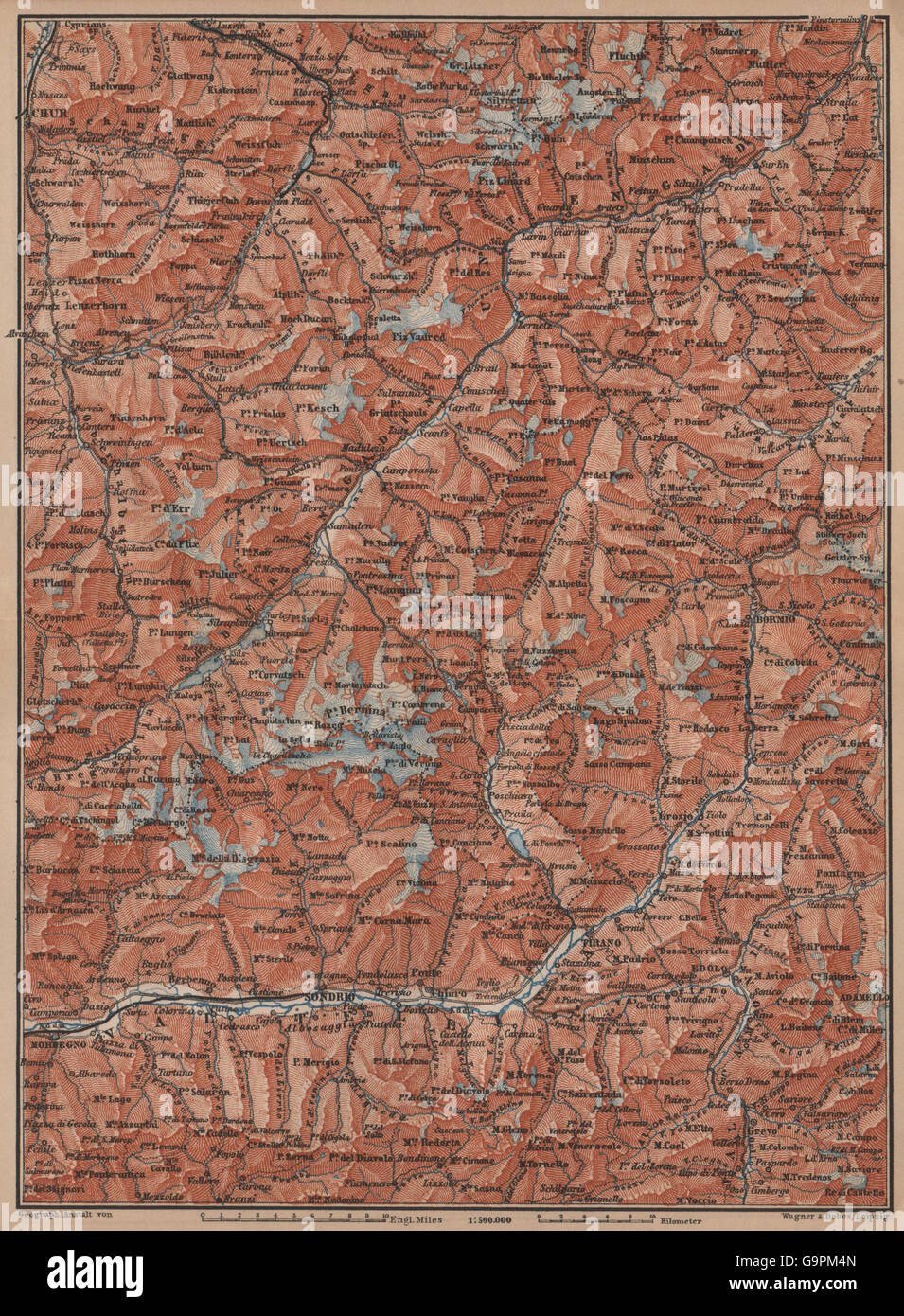 ENGADINE/VAL TELLINA. Davos Arosa Sils Bormio Livigno Sondrio Chur, 1899 map Stock Photo